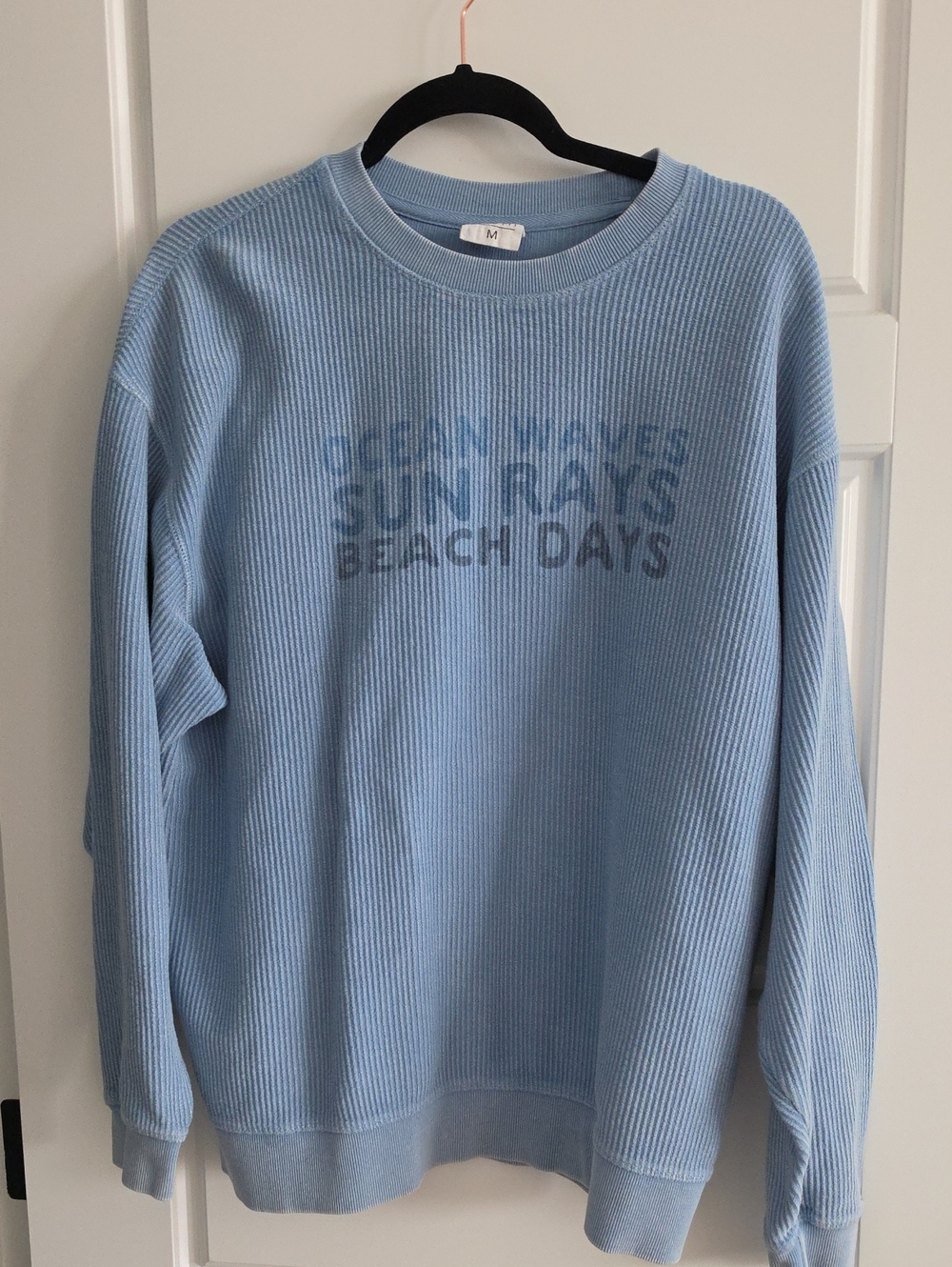 Women’s Light Blue Scoop Neck Waffle Knit Sweater with Beach Text